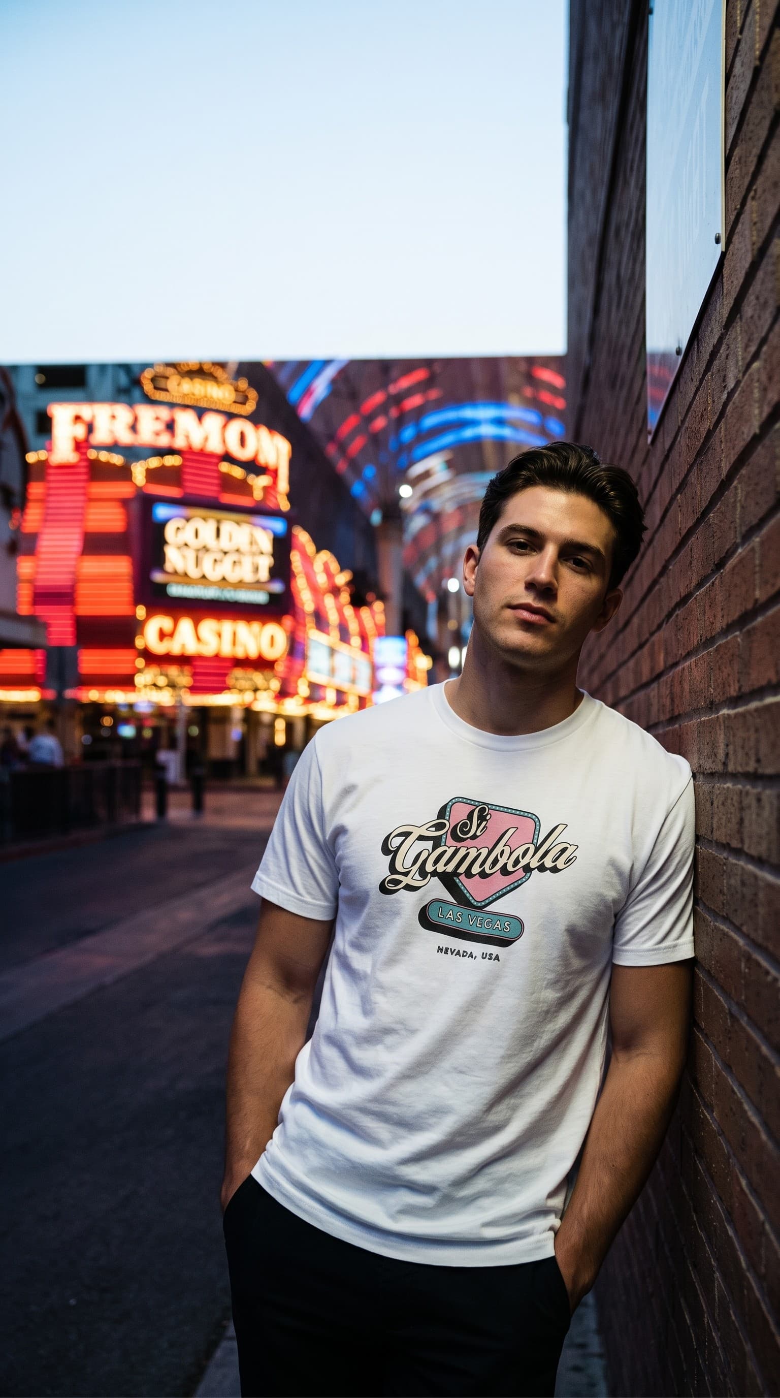 DROP 001 — Si Gambola white tee on Fremont Street, Las Vegas