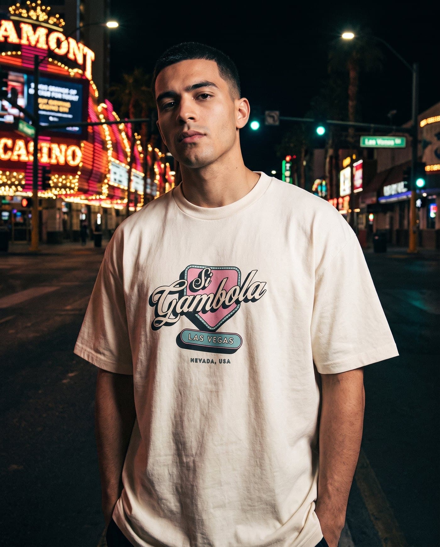 Si Gambola oversized tee, downtown Las Vegas