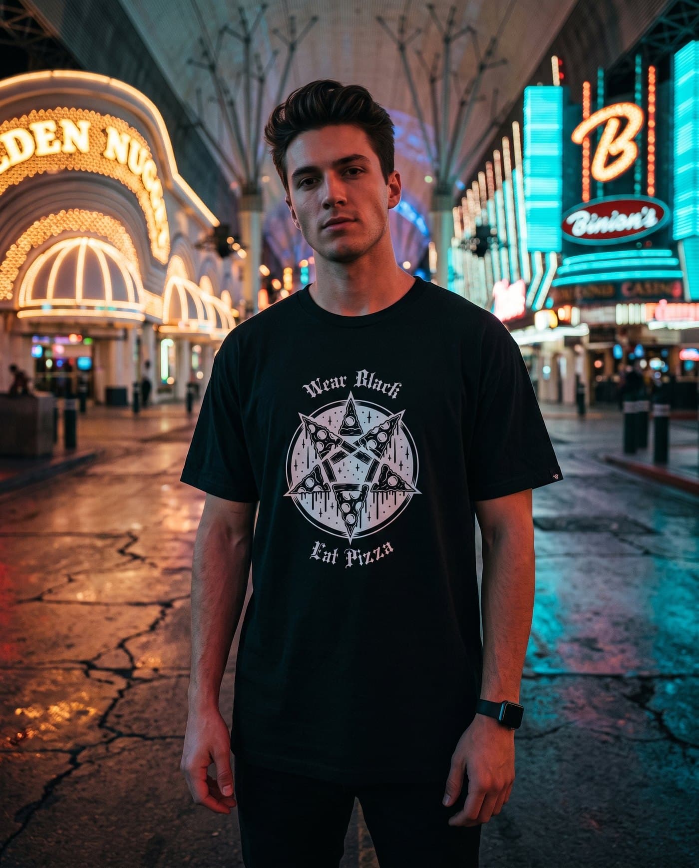 Wear Black Eat Pizza tee under the Vegas neon